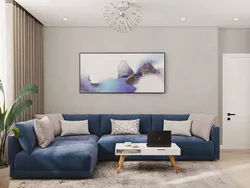 Beige Living Room Interior With Blue Sofa