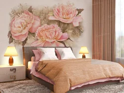 Wallpaper with peonies in the bedroom interior