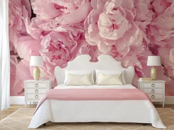 Wallpaper with peonies in the bedroom interior