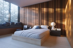 Decor with slats in the bedroom interior