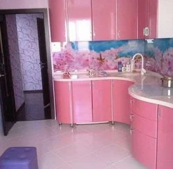 Kitchen design with pink wallpaper