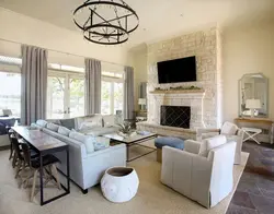 Living room design with sofa in the center