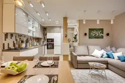 Modern living room with kitchen house interior with photo