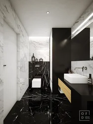 Дизайн ванной в черно белой плитке под мрамор