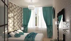 Emerald curtains in the bedroom interior