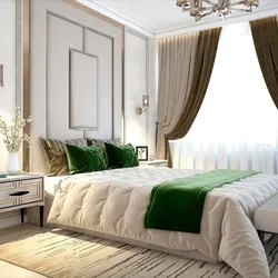 Emerald curtains in the bedroom interior