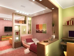 Design of living room, bedroom and children's room in one room