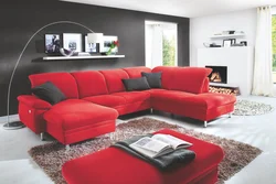 Red sofas in the living room interior photo