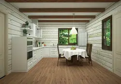 Imitation timber in the interior of the kitchen living room
