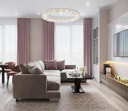 Pink Curtains In A Gray Living Room Interior