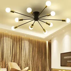 Living room interior with suspended ceiling and lamps and chandelier