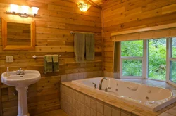 Bath in a wooden house with a window photo