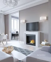 Дизайн белой гостиной с камином