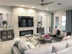 White living room design with fireplace