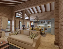 Living room kitchen design in a log house