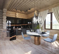 Living Room Kitchen Design In A Log House