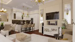 Living room kitchen interior in neoclassical style