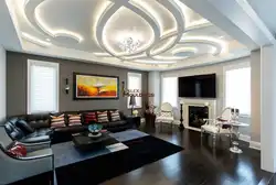 Plasterboard ceiling with lighting in the living room photo design