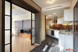 Дизайн в кухне и гостиной с двумя дверями