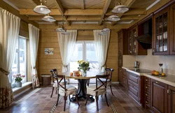 Living room interior with kitchen in wooden style