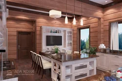 Интерьер гостиной с кухней в деревянном стиле