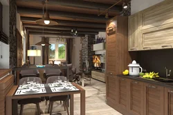 Living Room Interior With Kitchen In Wooden Style