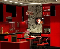 Photo of interiors of red kitchen apartments