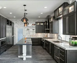 Gray kitchen in the interior combination with the floor