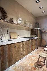 Concrete Kitchen With Wooden Countertop In The Interior