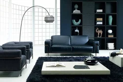 Интерьер гостиной с черно белым диваном