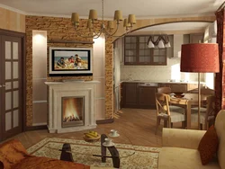Living room kitchen design with fireplace 20 sq.m.