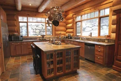 Kitchen design in a wooden house made of logs