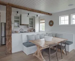 White kitchen living room interior with wood
