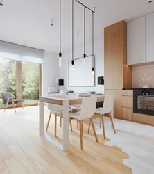 White kitchen living room interior with wood