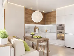 Белый интерьер кухни гостиной с деревом