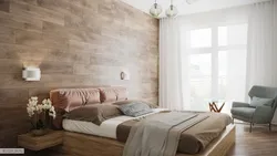 Wood and wallpaper in one bedroom interior