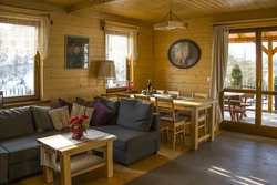 Кухня и гостиная на даче в деревянном доме фото