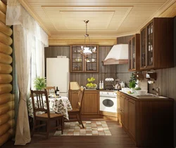 Kitchen and living room at the dacha in a wooden house photo