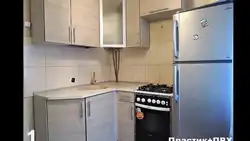 Kitchen interior with gas heater in Khrushchev and refrigerator