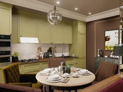 Фисташковый цвет в интерьере гостиной и кухни