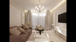 Living room design in light colors in a panel house