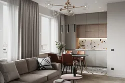 Living room with kitchen in modern style photo rectangular