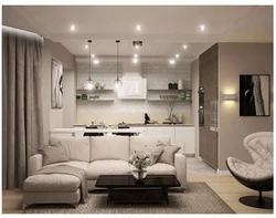Living room with kitchen in modern style photo rectangular