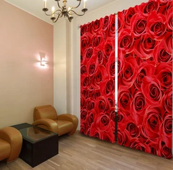 Curtains with roses in the living room interior