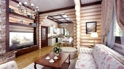 Log house interior kitchen living room
