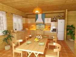 Kitchen design for a living room in a country house in a wooden house