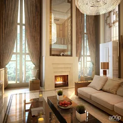 Living room window design with fireplace