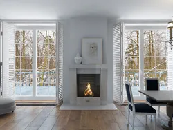 Living room window design with fireplace