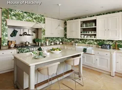 Photo wallpaper leaves in the kitchen interior