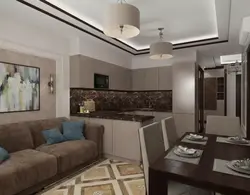 Interior of a kitchen living room with a sofa and access to the balcony
